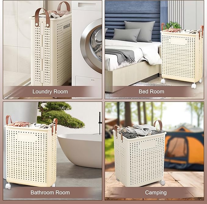 55L Collapsible Laundry Basket with Wheels - Foldable Slim Laundry Hamper for Dorm, Apartments - Portable Clothes Organizer Carts with Wheels, Handles - Collapsible Storage Bins for Clothes, Toys