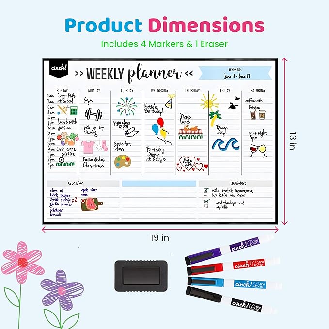 Cinch! 19x13-Inch Magnetic Whiteboard for Fridge - Weekly Calendar and Meal Planner - Stain Resistant Dry Erase Board with 4 Fine Tip Markers and Eraser - Magnetic Weekly Planner for Easy Scheduling