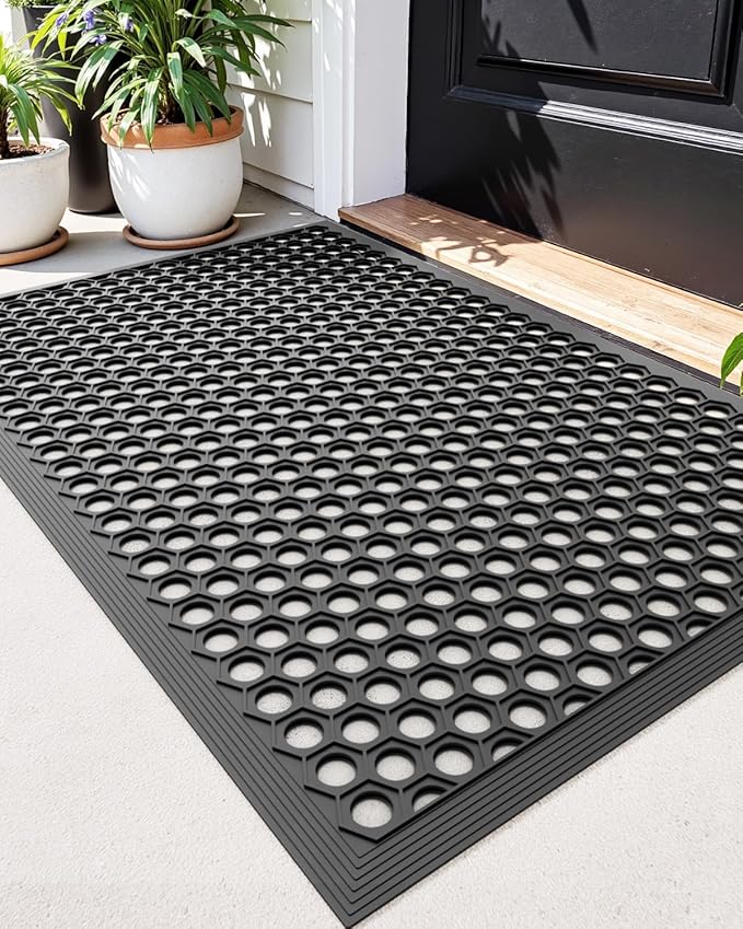 DEXI Front Door Mat 24x36, Non Slip Rubber Doormat Outside Entrance, Heavy Duty Waterproof Drainage Entry Mats, Low Profile Dirt Trapper for Patio Entryway, Black