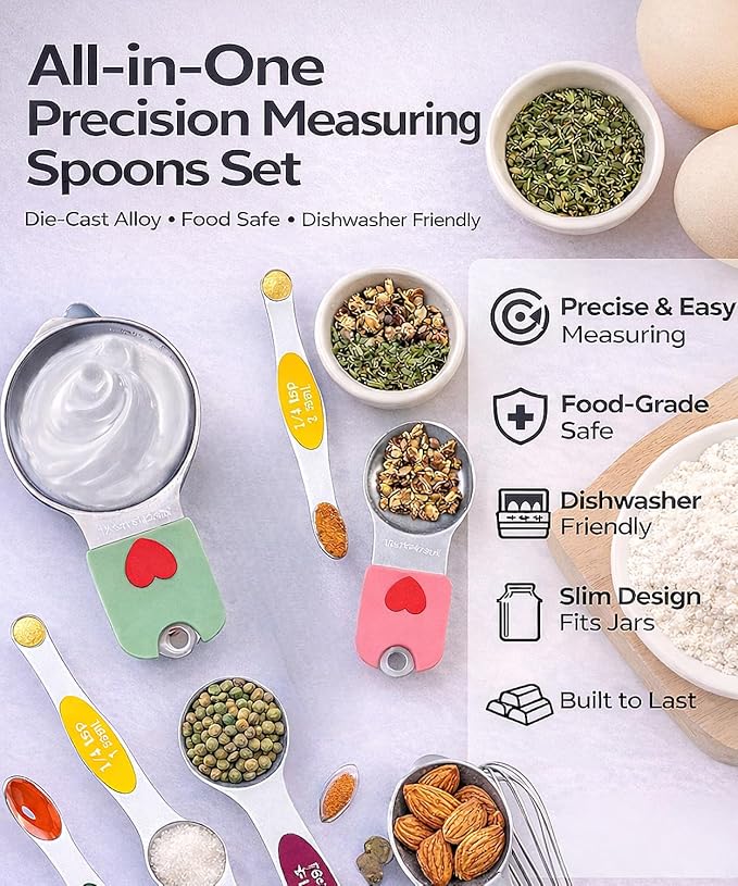 Magnetic Measuring Cups & Spoons Set, Strong N45 Magnets, Heavy Duty Stainless Steel Fits in Spice Jars for Baking & Cooking, BPA Free, Round Set of 15 with Leveler, Colorful