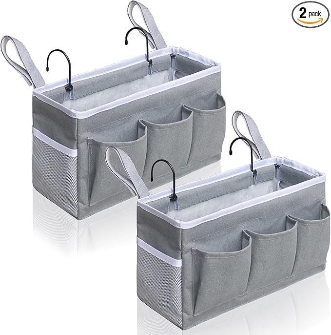Bedside Caddy Storage Organizer - 2pcs Hanging Bag Holder with Pockets for Bedroom, Loft, Tent, Curtain, Bunk bed Shelf Accessories (Gray)