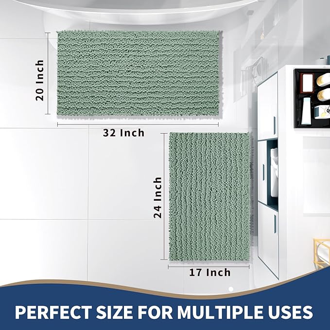 Yimobra Bathroom Rugs Sets 2 Piece - Quick Dry Extra Thick Luxury Chenille Bath Mat, Non Slip Super Absorbent for Tub Shower Sink, Machine Washable Shaggy Floor Mat, 32"x20"+24"x17" Inch, Green