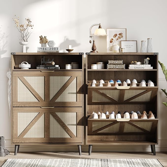 Shoe Cabinet with 2 Flip Drawers & Open Storage,Farmhouse Shoe Storage Cabinet for Entryway,Freestanding Narrow Organizer Rack with Legs,Foyer,Hallway,Rustic Oak Rattan