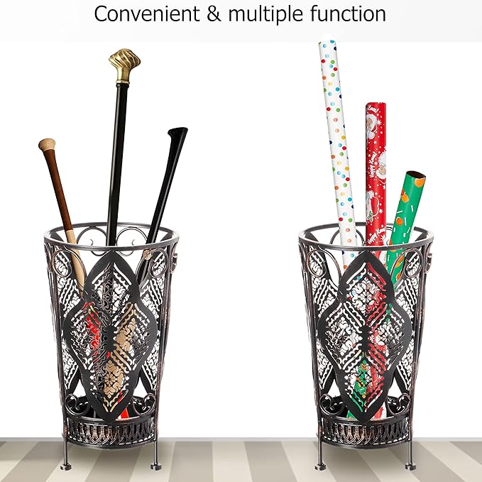 Dualplex Umbrella Holder Umbrella Stand Rack Super Quality Metal Entry Hallway Décor w/Removable Drip Tray for Home Office Holds Umbrellas Canes Walking Sticks Best Gift 16" Tall (Round, Antique)
