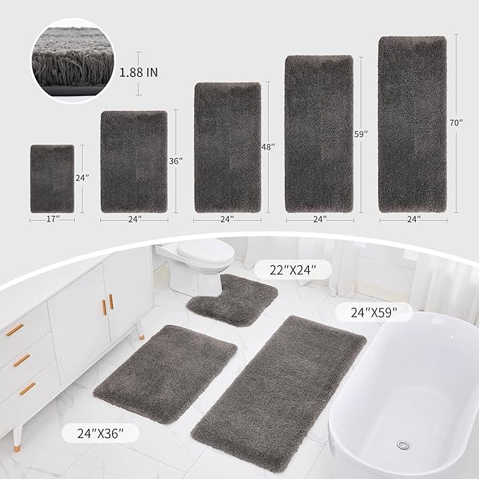 Bathroom Rugs 24x48 Non Slip Dark Grey Fluffy Bath Mat for Bathroom Floor Washable Plush Luxury Bath Rug for Tub Soft Shaggy Absorbent Shower Sink Mat