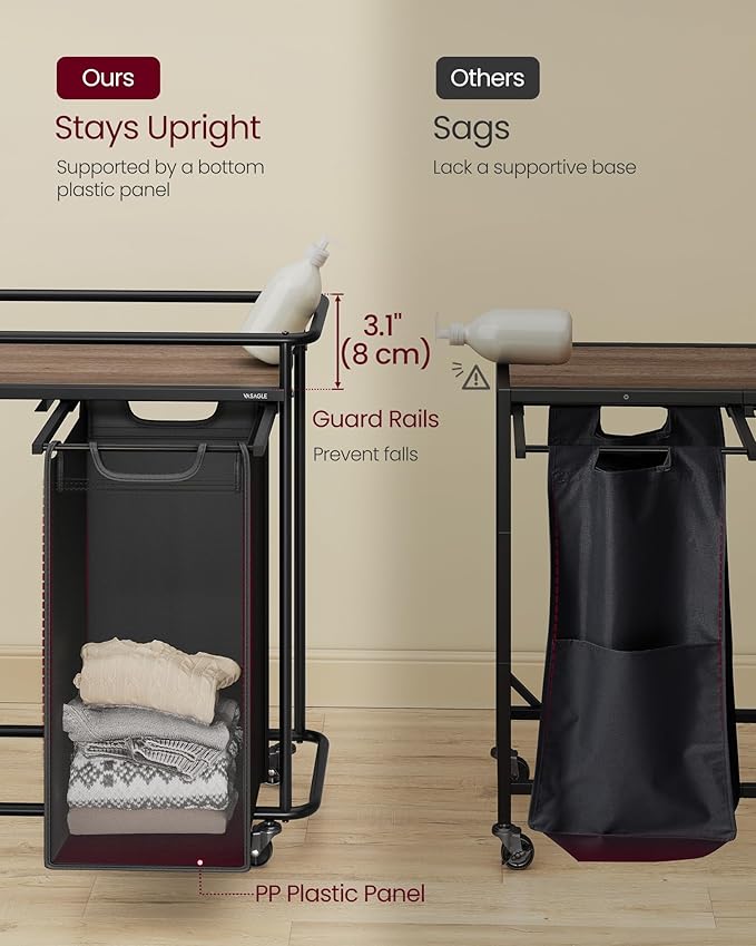 VASAGLE Laundry Sorter, Laundry Hamper with Wheels, 39.6 Gal. (150 L) Portable Rolling Cart Baskets with Shelf, 3 Removable Liners and 6 Labels, Ink Black and Chestnut Brown UBLH103BH01