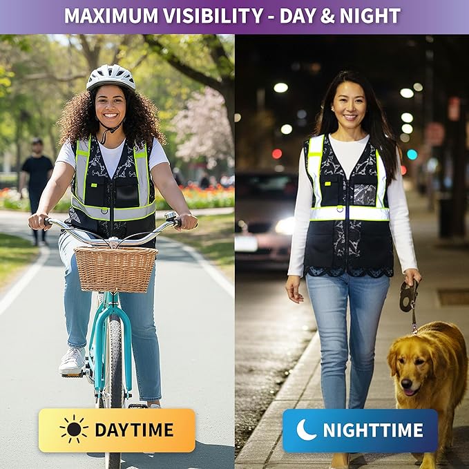 Lace-Mesh Safety Vest for Women & Men - Breathable, High Visibility Vest with Zipper & ANSI Class 2 Reflective Strips