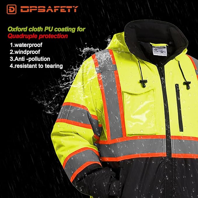 Hi Vis Safety jacket for men,Reflective high Visibility Hooded jacket,Work Bomber Jacket with Pockets and Zipper,Waterproof,ANSI Class 3 Black Bottom Yellow,3XL