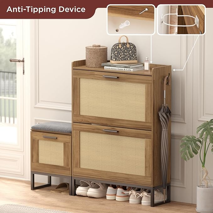 Maupvit Shoe Storage Cabinet with Bench,Rattan Entryway Shoe Storage Bench with 2 Flip Drawers and Hanging Hooks,Narrow Slim Shoe Cabinet for Entryway,Living Room,Hallway,Rustic Oak