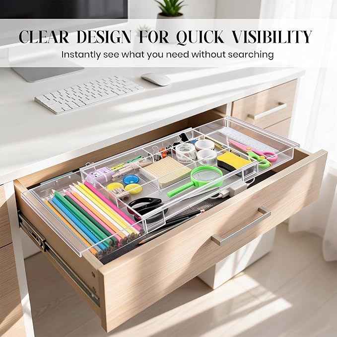 2Pack Shallow Expandable Drawer Organizer, Adjustable 12.5”–20” Clear Plastic Drawer Organizer Tray for Vanity Bathroom Desk Kitchen Drawers, Multi Compartment Storage