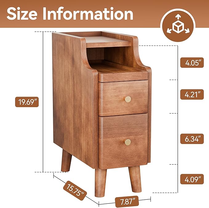 Narrow Nightstand Set of 2, 19.7" H Pre-Assembled Solid Wood Small Skinny Night Stand with Drawers, Open Sliding Shelf, Mid Century Modern Slim Bedside Table for Bedroom, Sofa End Side Table, Walnut