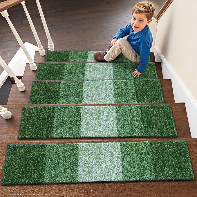 OLANLY Stair Treads Non Slip 15PCS, 8" x 30" Indoor Stair Runners for Wooden Steps, Edging Stair Rugs with Reusable Peel and Stick Adhesive for Kids Elders and Pets, Green