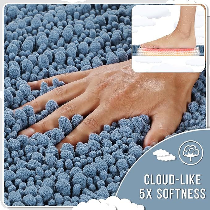 Yimobra Bathroom Rugs Sets 2 Piece - Quick Dry Extra Thick Luxury Chenille Bath Mat, Non Slip Super Absorbent for Tub Shower Sink, Machine Washable Shaggy Floor Mat, 24"x17+24"x20" Inch, Denim Blue