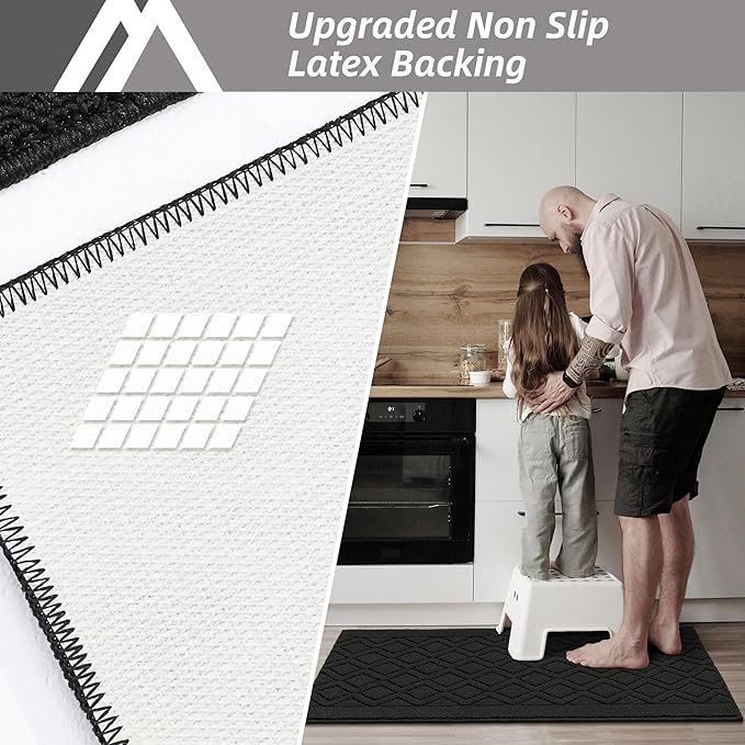 COSY HOMEER-Kitchen-Rugs-and-Mats 20"x48" Non Slip Kitchen Mats for Floor Absorbent Washable Kitchen Runner Standing Floor Mat for Sink Mat,Entry,Laundry,Polypropylene,Black