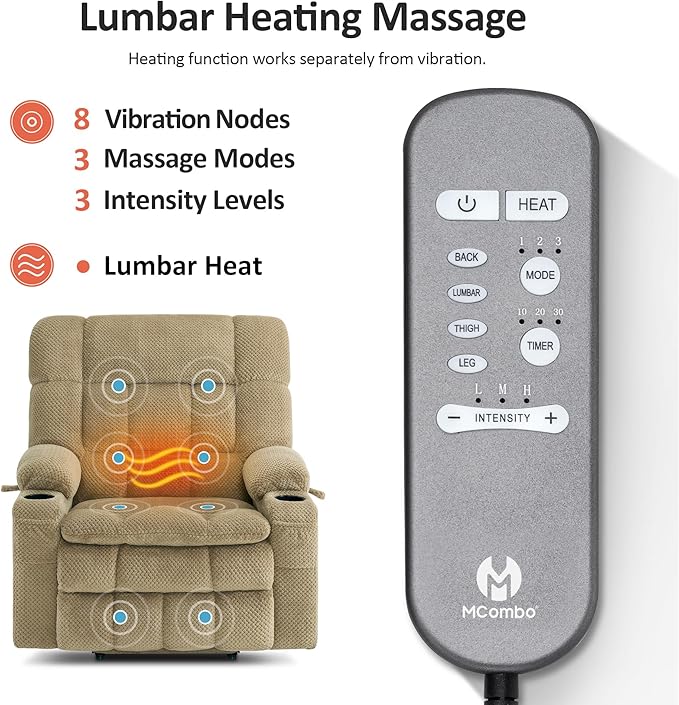 MCombo Dual Motor Power Lift Recliner Chair for Elderly, Lay Flat Lift Chair with Heat and Massage, Extra Wide Lift Recliner for Big People, Cup Holders, Fabric R7897 (Medium-Wide, Beige)