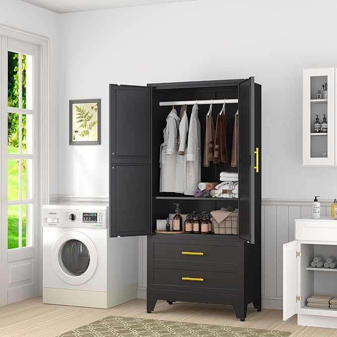 Metal Armoire Wardrobe Closet Storage Cabinet with Hanging Rod,71'' Metal Wardrobe Cabinet with 2 Drawers and Adjustable Shelf,2 Doors for Bedroom, Laundry Room, Cloak Room