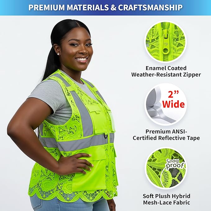 Lace-Mesh Safety Vest for Women & Men - Breathable, High Visibility Vest with Zipper & ANSI Class 2 Reflective Strips