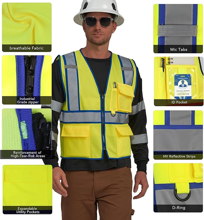 AYKRM High Visibility Safety Vest - Reflective Work Vest with 5 Reinforced Pockets