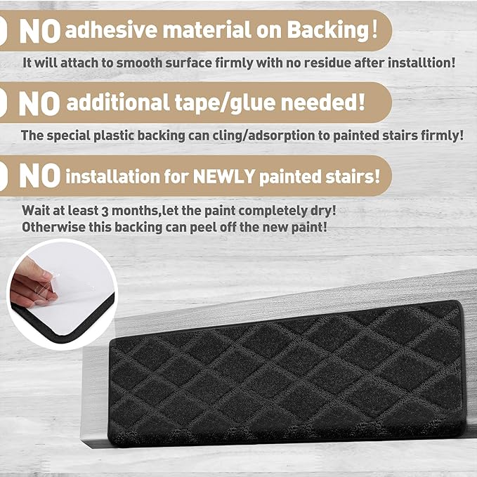 PURE ERA Bullnose Carpet Stair Treads Tape Free Non-Slip Indoor Stair Protectors Pet Friendly Stair Treads for Wooden Steps 9.5" x 30"(2 Pieces,Black Diamond Trellis)