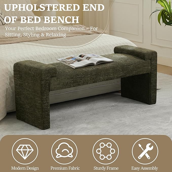43" End of Bed Bench Upholstered Modern Bedroom Bench for Living Room & Entryway, Easy Assembly, Footrest Ottoman Accent Window Bench with Solid Wood Frame & Curved Arm, Green