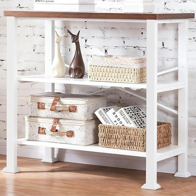 HOMBAZAAR 3 Tier Bookshelf,White Brown Industrial Book Shelf,Engineered Wood and Metal Deep Bookcases,Low Shelf Bookcase for Living Room,Office,Bedroom and Kitchen