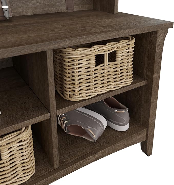 Bush Home Salinas Hall Tree with Shoe Storage Bench in Ash Brown, Multi-Purpose Home Organizer, Entryway Solution with Seating and Hooks