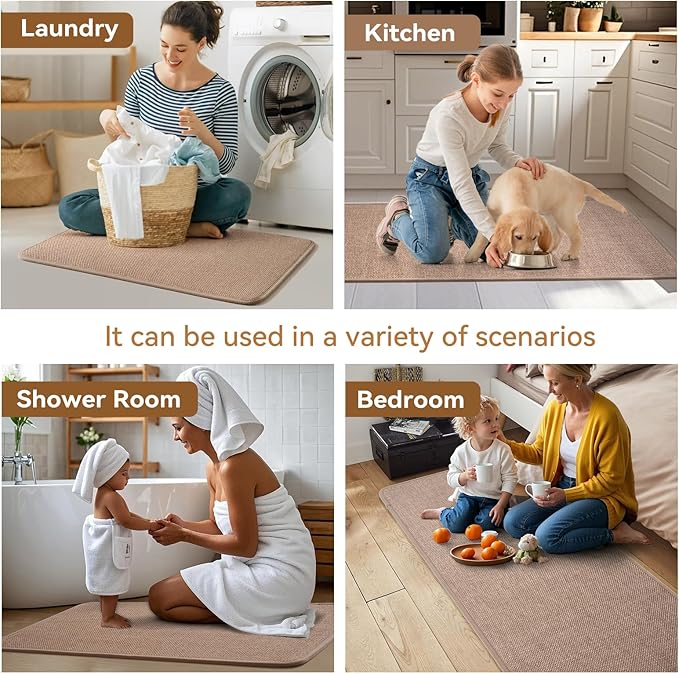 Kitchen Rugs Mat Non Slip Washable, Linen-Look 0.3" Thick Soft Cushioned Absorbent Kitchen Mats for Floor, Mild Anti-Fatigue Runner Rug Sink Mat Laundry Standing Mats, Easy Clean, Brown 17"x30"