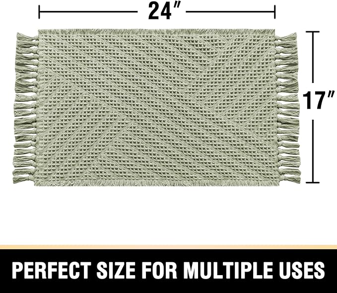 H.VERSAILTEX Waffle Bath Mat Super Absorbent Boho Bath Mat Non Slip Bath Rugs for Bathroom Floor Machine Washable Dry Fast Bathroom Rugs with Handmade Tassels, 17" x 24", Sage