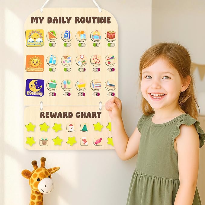 2-in-1 Chore Chart for Kids Toddler & Teens, Montessori Wooden Routine Responsibility Board, Visual Schedule, Reward System for ADHD Autism, Daily Morning & Bedtime Checklist, 11.3''x17.7''