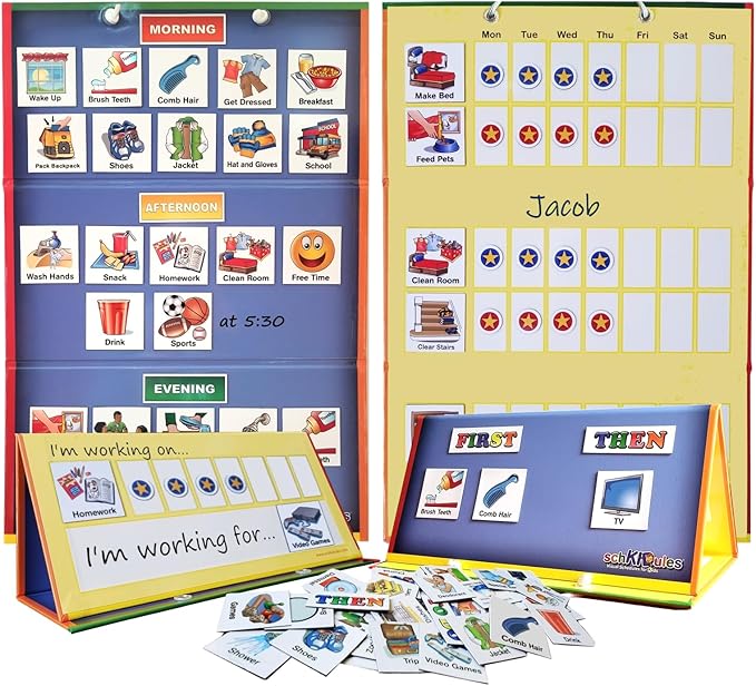 SchKIDules Home-Themed Magnetic Visual Schedule & Reward Chart w/129 Colorful Magnets & 2-Sided 18” Folding Board; for Daily Routines, Chores, Behavioral Supports, Kids’ Calendar, ADHD & Autism Tools