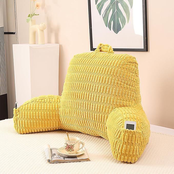 Reading Pillow for Sitting in Bed, Large Backrest Reading Pillow with Arm Rest,Back-Rest Support Cushion for Sit Up on Couch, Sofa, and Floor, Dorm Essentials (Yellow Corduroy, Large(19"))