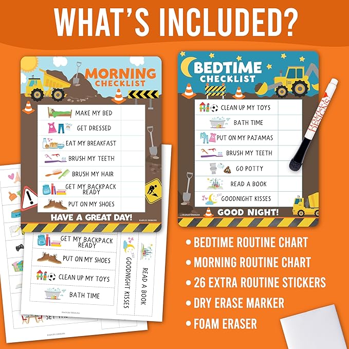 Magnetic Morning & Bedtime Routine Chart for Kids - Customizable Toddler Daily Schedule Board with Dry Erase Surface, Stickers & Marker, Build Habits with Visual Checklists, Construction Theme