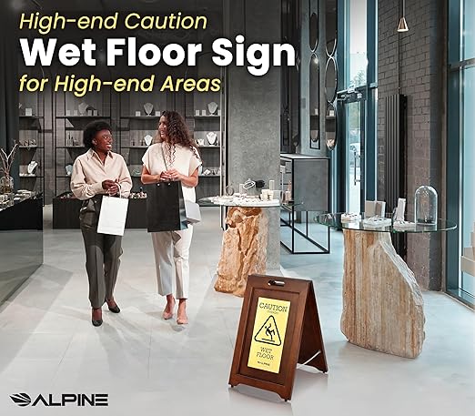 Wooden Caution Wet Floor Sign Slippery A-Frame with Bold Bilingual Safety Message, High-Grade Wood Finish, Brass-Plated for Restaurants, Offices, Hospitality & Retail Centers By Alpine Industries