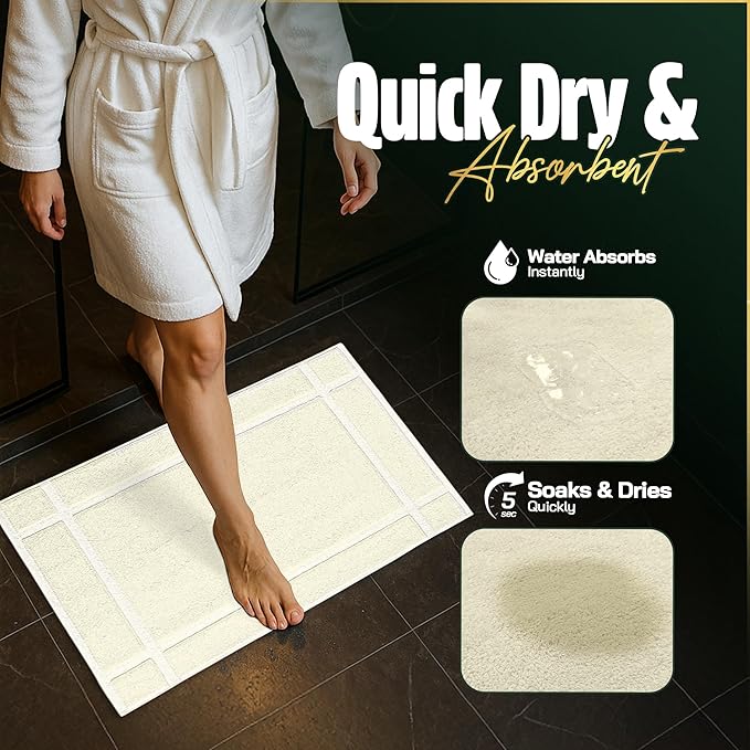 Pearl Linens Pack of 2 100% Cotton Bath Mat 18x25 inches, Soft & Absorbent Quick Dry Bathroom Mats Set, Not Bathroom Rugs, After Shower Mats, Bath Tub Mat, 687 GSM, Machine Washable, Ivory