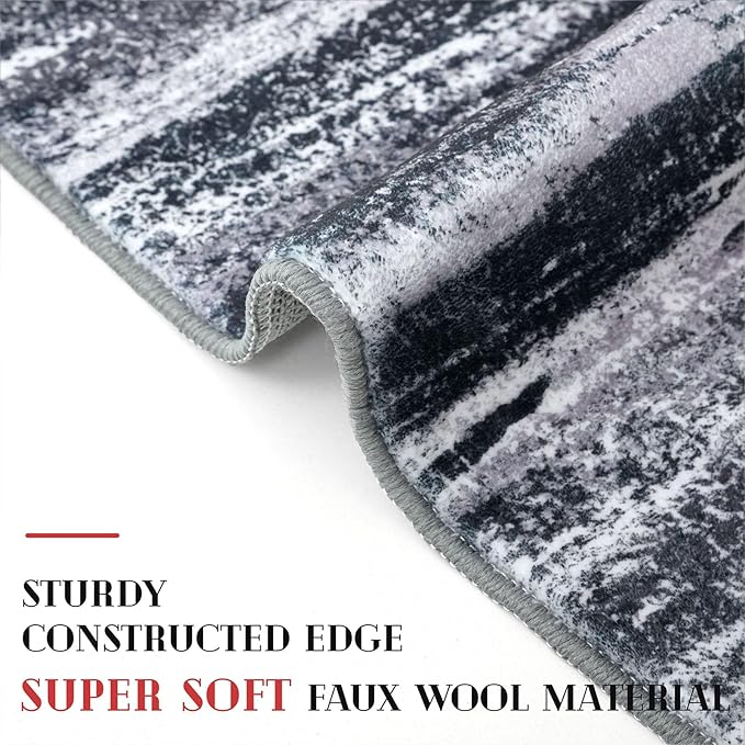 Modern Abstract Runner Rug 2x5, Black Grey Washable Kitchen Runner Entryway Rug Mat Non-Slip Soft Hallway Rug Runner Thin Print Faux Wool Carpet for Bedroom Laundry Room Indoor