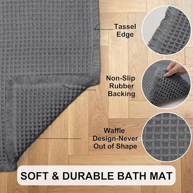 Hiasan Waffle Bath Mat, Super Absorbent Non Slip Bathroom Boho Rug with Tassels, Machine Washable Bath Mats for Bathroom, Ultra Soft Rubber Backed Rug, Dark Grey, 20 x 32 Inches
