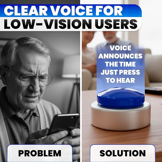 Talking Clock for Blind Elderly with English Voice & Alarm – Easy-to-Use Voice Announced Time & Date Talking Watches for the Blind | Big Button Interface, High/Low Volume, Gift for Elderly Loved Ones