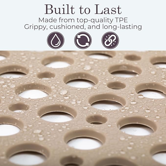 Non Slip Bathtub Mat and Shower Mat Beige TPE Strong Suction Cups Aesthetic Bath Mat for Inside Shower with Soft Texture, Quick-Dry Drain Holes, Spa-Inspired Design 30x17” (75x43 cm) (2)