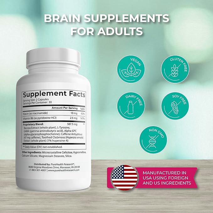 PUREHEALTH RESEARCH Ageless Brain Supplements for Memory and Focus - Nootropic Brain Health Supplement for Adults - with Bacopa Monieri, Alpha GPC, L-Tyrosine, Vitamin B6, Niacin & More, 60 Capsules