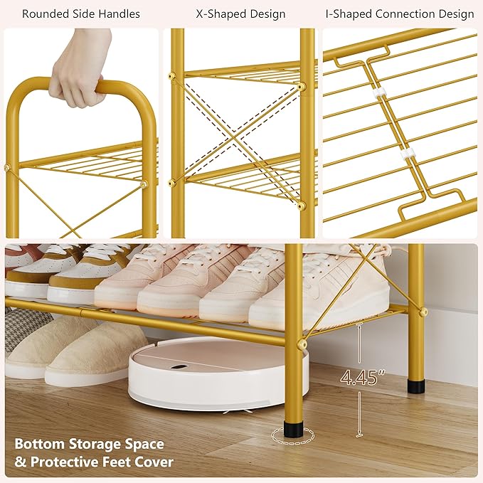 Hoctieon 8 Tier Shoe Rack for Closet, Durable Mesh Style Shoe Rack, Entryway Shoe Shelf, Shoe Storage Organizer for Hallway, Bedroom, Living Room, Wardrobe, Gold