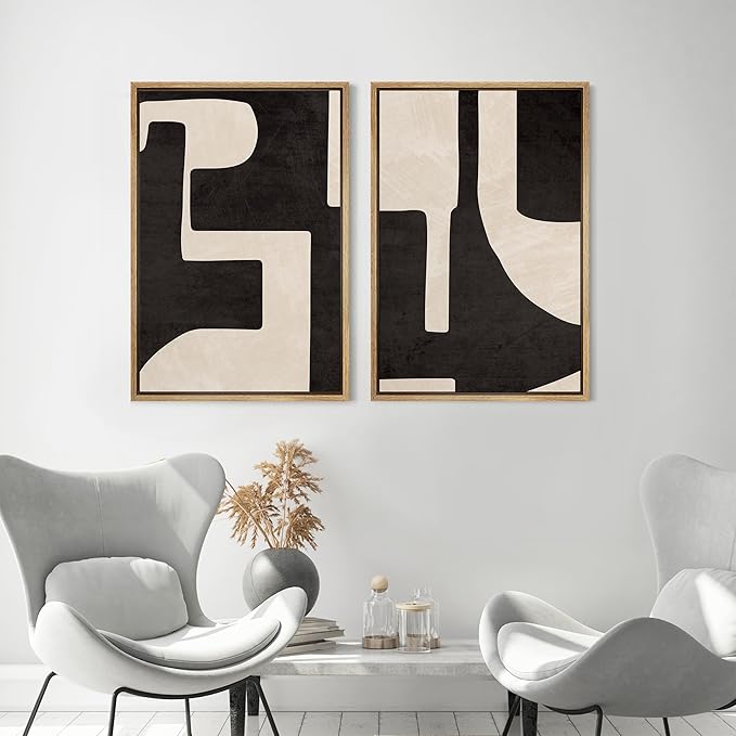 MUDECOR Framed Canvas Print Wall Art Black & White Geometric Paint Stroke Decor Abstract Nature Illustration Modern Art Decorative Multicolor Geometric Minimal for Bedroom - 16"x24"x2 Natural