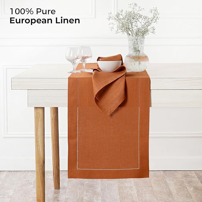D'Moksha Homes Linen Rust Table Runner 72 Inches Long - 100% Pure Linen Hemstitch Table Runner 14 x 72 Inch for Dresser, Dining and Spring, Easter - Classic Hemstitch