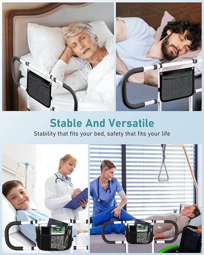 AMOVO Bed Rails for Elderly Adults Safety Bed Guard Rails for Seniors Extended Handle Bed Assist Rail with Sensor Light Storage Pouch, Stable Bedside Cane Support Bar Grab, Fit King Queen Full Twin