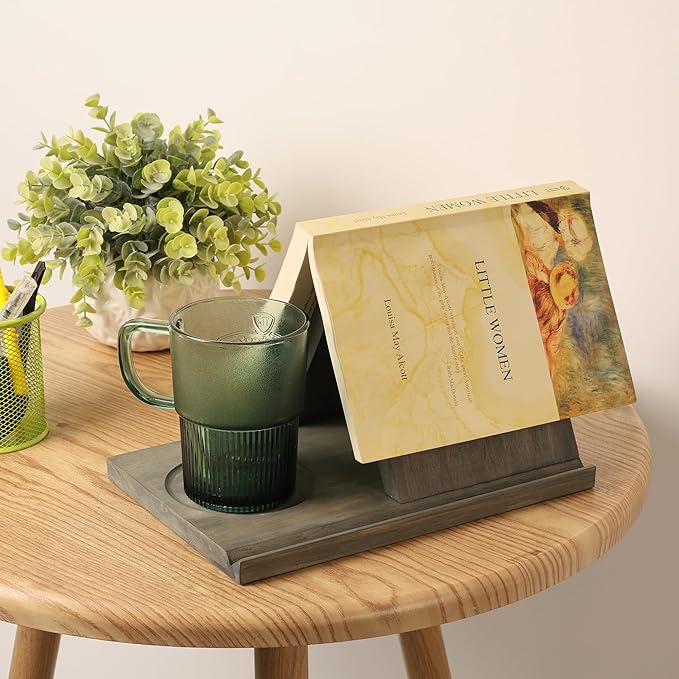 Wooden Book Holder with Drink Holder, Wooden Triangle Bookmark Reading Rest with Slotted, Book Display Bookmark Book Holder Decor for Coffee and Book Lover Gifts (Greenish Gray)