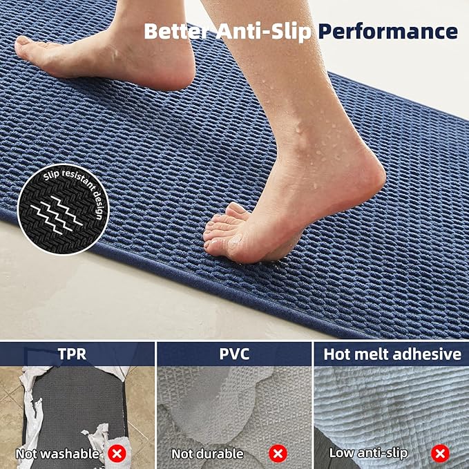 Bathroom Rugs Non Slip Washable, Super Absorbent Thin Bath Mat Quick Dry Low Pile Bathroom Rug, Navy Blue 20"x48"