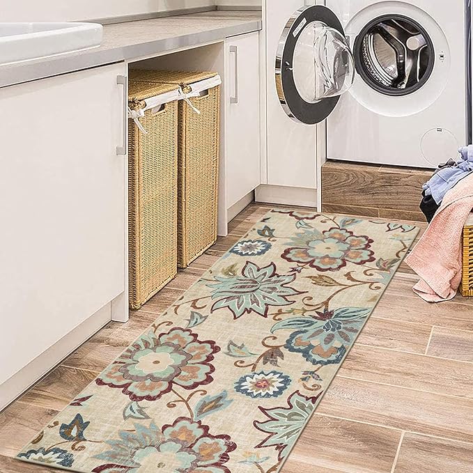 Beeiva Floral Rug Runners for Hallways, 2x5 Ultra Thin Beige Kitchen Runner Rug Washable, Vintage Plant Non-Shedding Bathroom Front Door Rug Non-Slip Hallway Runner Rug for Entryway Bedroom Kitchen