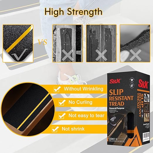 S&X Outdoor Stair Treads Non-Slip Grip Tape, 25-Pack 6” x 24” Pre-Cut Anti Slip Tape with Reflective Stripe, Heavy Duty Non-Skid Traction Tape for Wooden Steps, Concrete Stairs, Decks