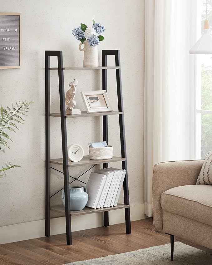 VASAGLE Ladder Shelf, 4-Tier Bookshelf, Storage Rack, Bookcase with Steel Frame, for Living Room, Home Office, Kitchen, Bedroom, Industrial Style, Heather Greige and Ink Black ULLS44MB