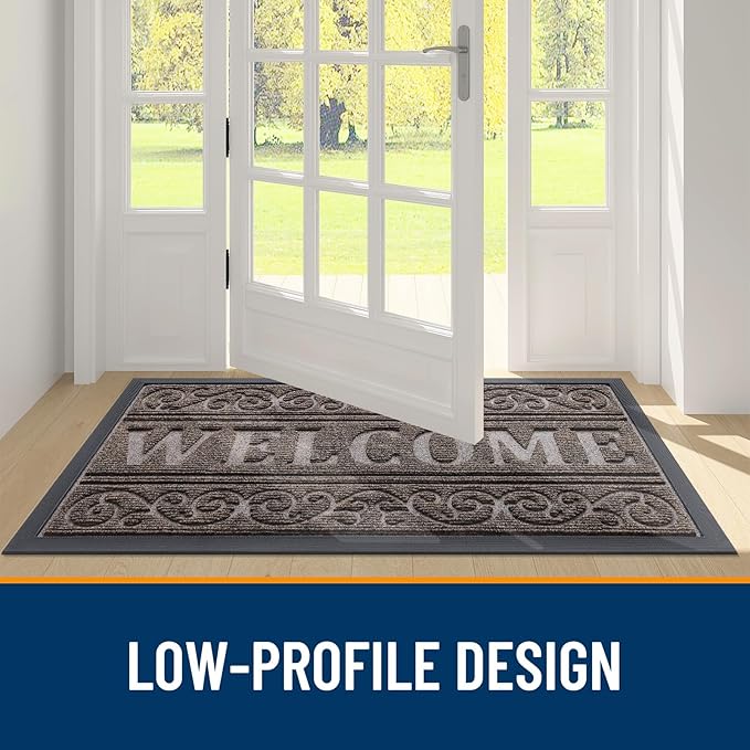 OLANLY Welcome Door Mat Indoor Outdoor Entrance, Heavy Duty Sturdy Front Door Mat, Waterproof All-Weather Doormat, Stain Resistant, Low Profile, Easy Clean Patio Entryway Mat, 47 x 24, Medium Brown