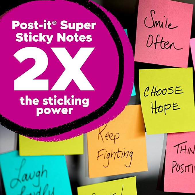 Post-it Super Sticky Notes, Assorted Bright Colors, 3x3 in, 15 Pads, 45 Sheets/Pad, 2X The Sticking Power, Recyclable, Multi-Color (Pack of 6)
